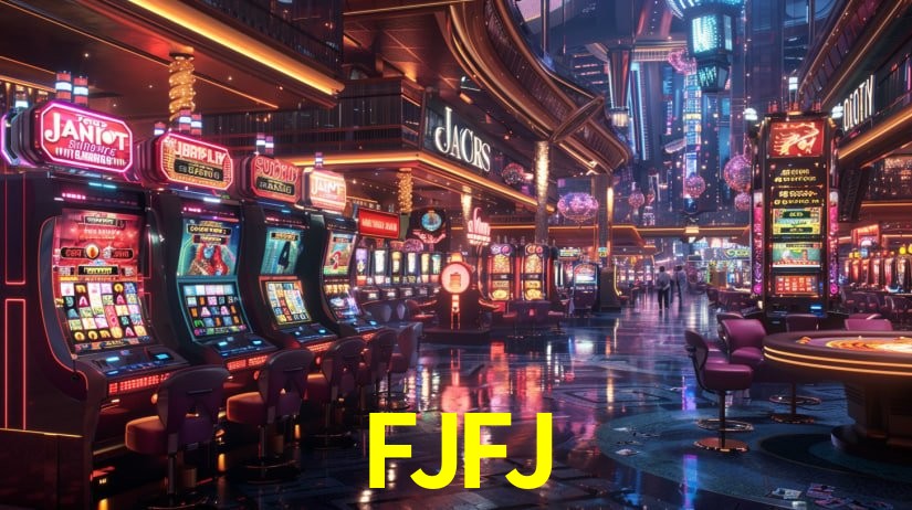 Una escena digital vívida inspirada en casino con FJFJ mostrado prominentemente, luces brillantes, fichas, cartas y acentos dorados.