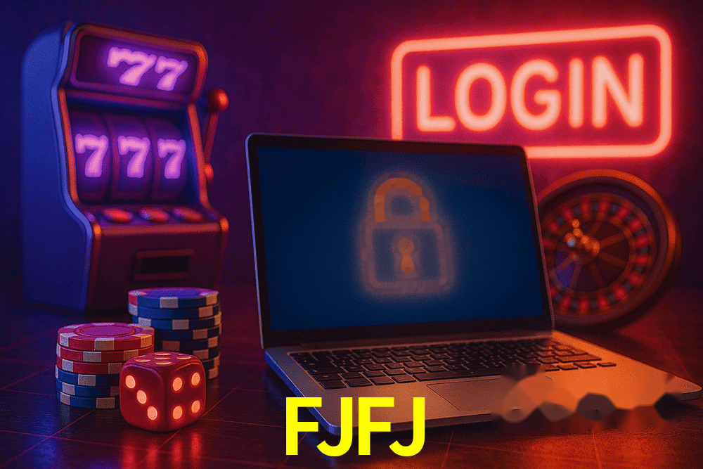 Escena dinámica inspirada en casino con iluminación FJFJ, cartas, fichas e íconos de juegos digitales en un espacio moderno de juegos.