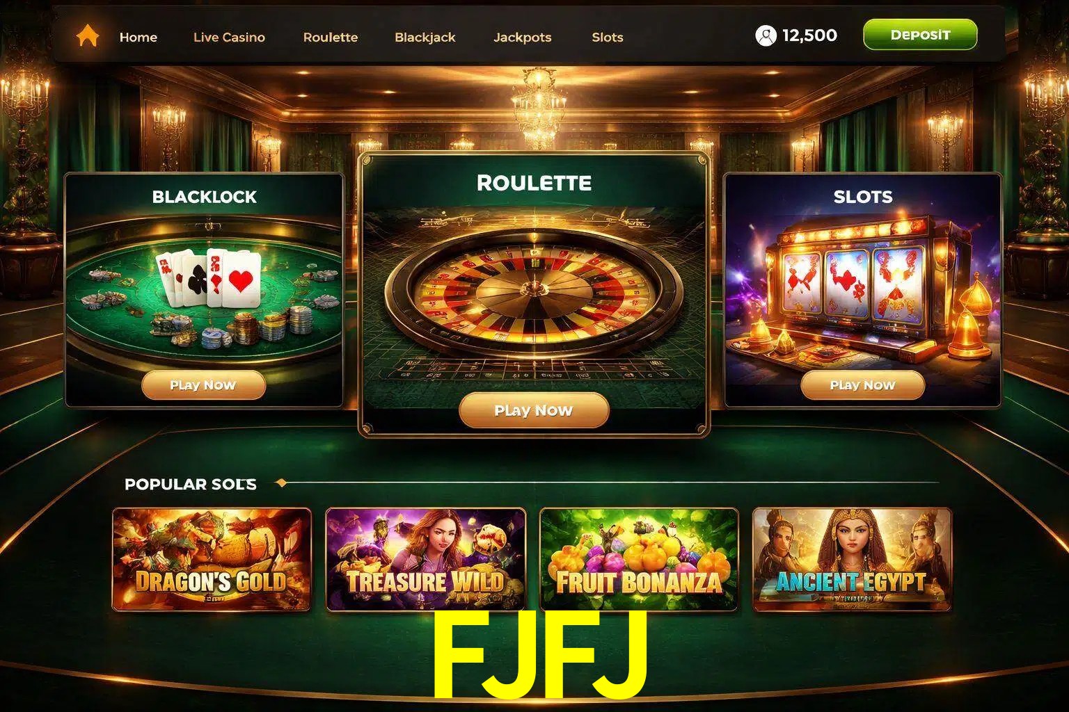 Vista de la plataforma FJFJ Casino mostrando categorías organizadas de juegos en línea