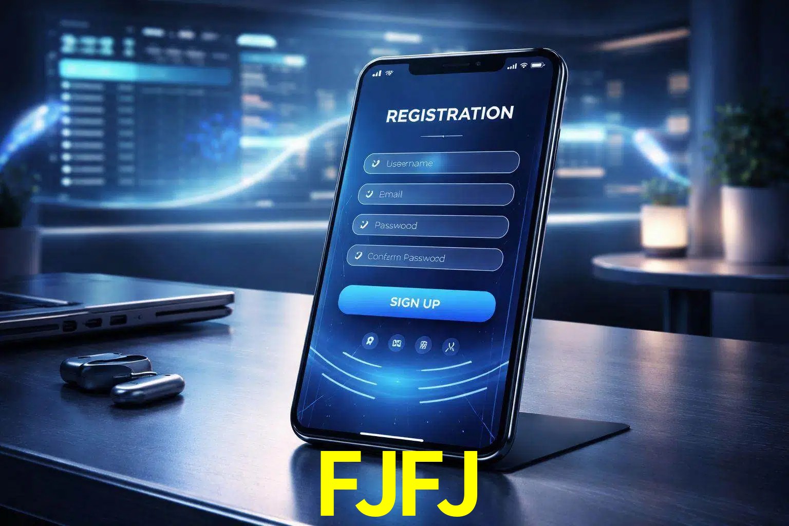 Una interfaz moderna de registro móvil para FJFJ mostrada en un smartphone con un panel de apuestas elegante.